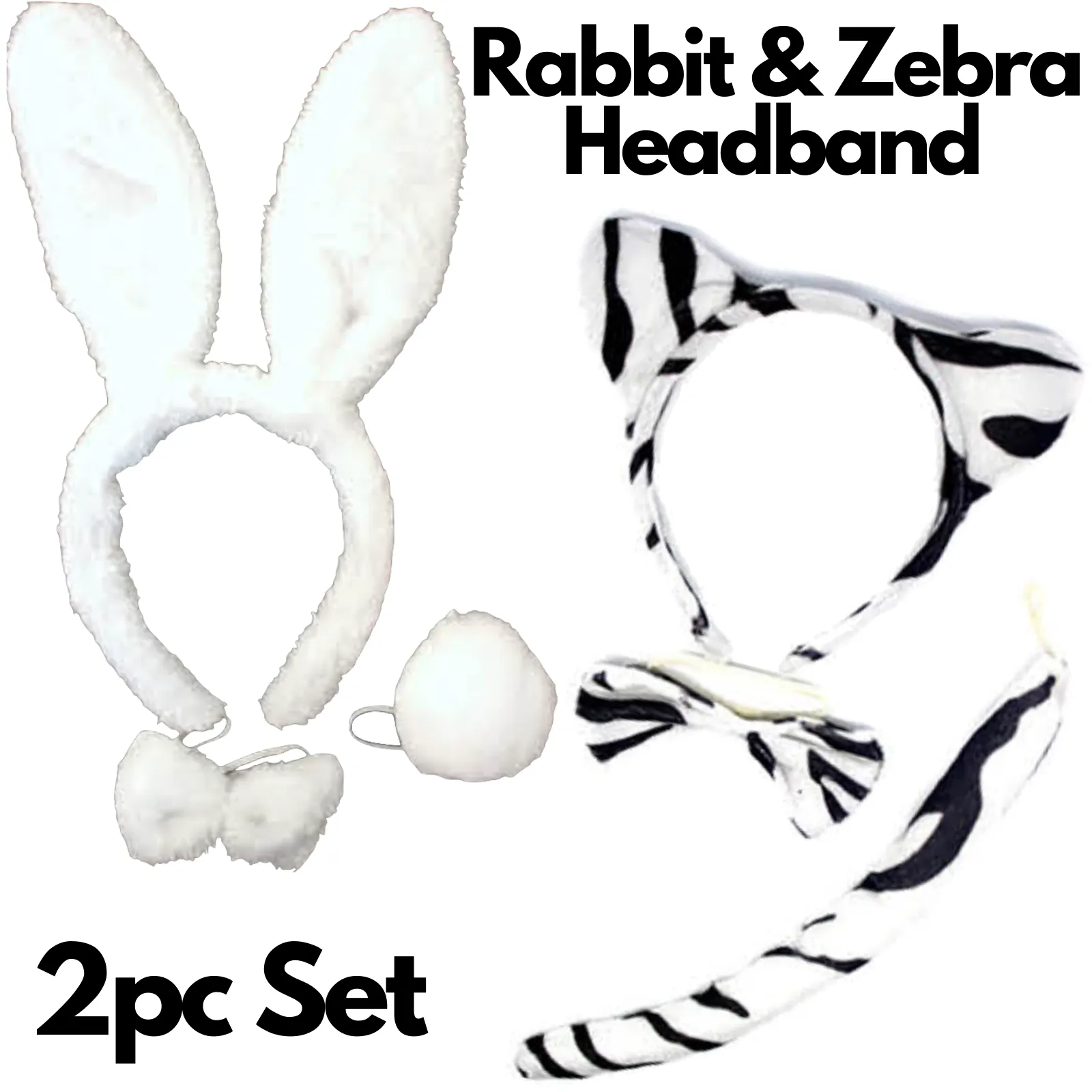 2pc Set Animal Headband w Bow Tail Rabbit   Zebra Ears Costume Halloween Party