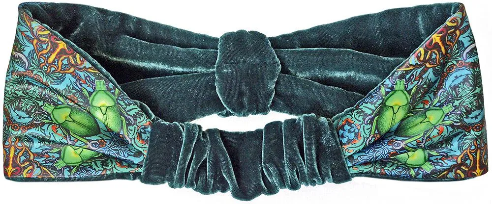 Beetle Belle. Printed satin & silk-velvet headband - TEAL version