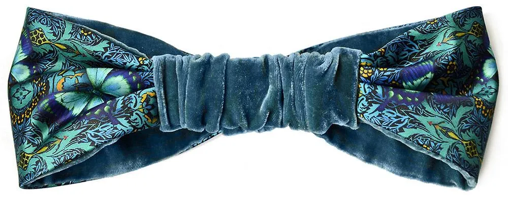 Blue Butterflies. Printed satin & silk-velvet headband - BLUE TEAL version