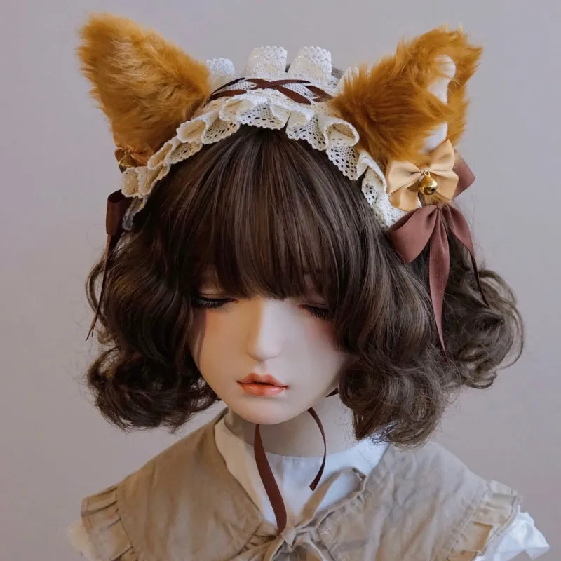 Brown Lace Ruffle Fox Headband