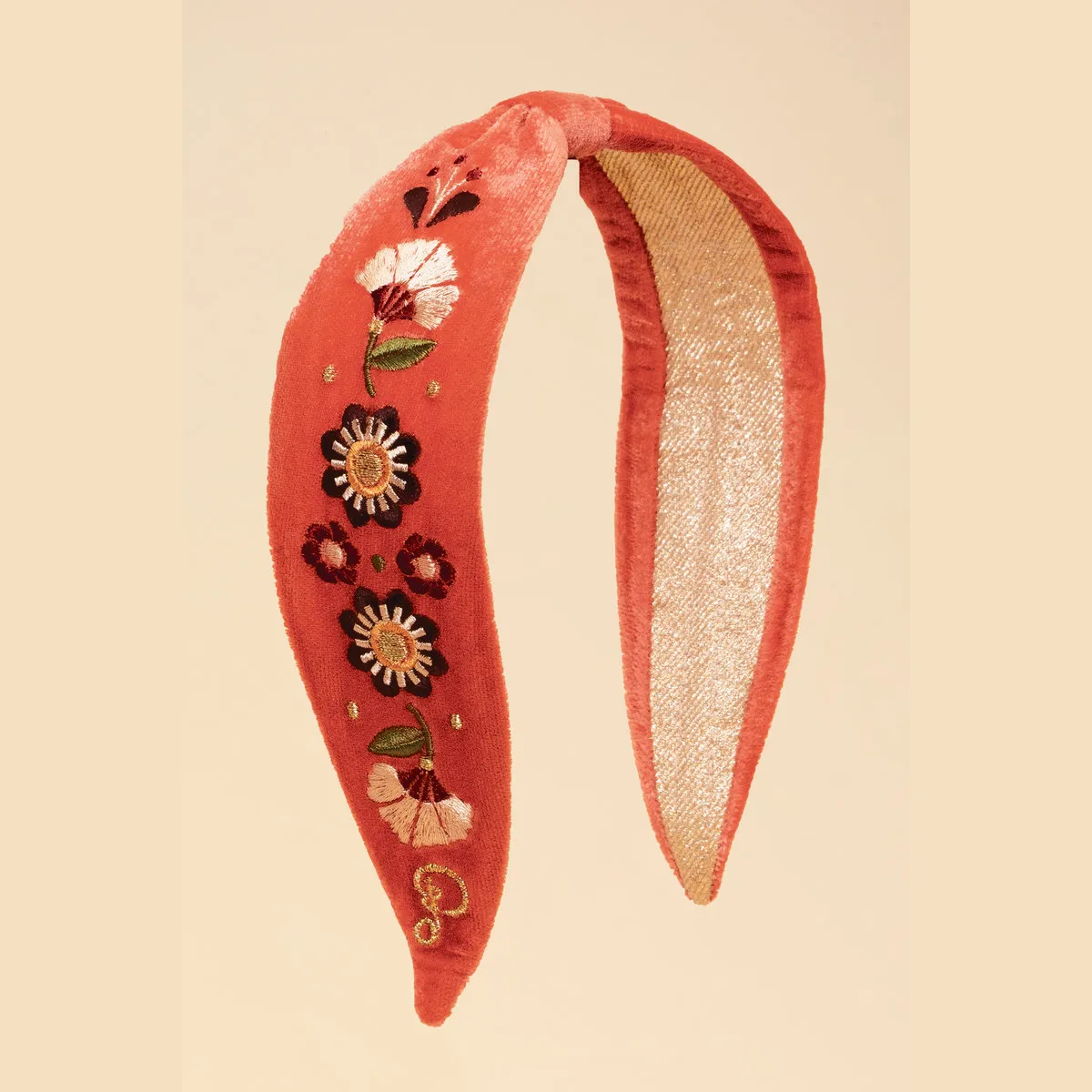 Embroidered Narrow Art Deco Floral Headband In Tangerine