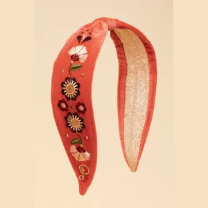 Embroidered Narrow Art Deco Floral Headband In Tangerine