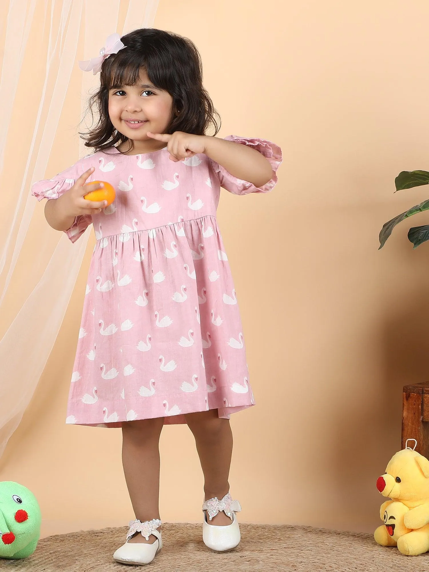 Polka Tots Halfsleeves Swan print frock with headband - Pink