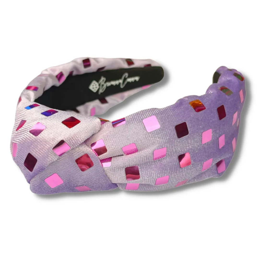 Purple Velvet Knotted Headband with Metallic Squares