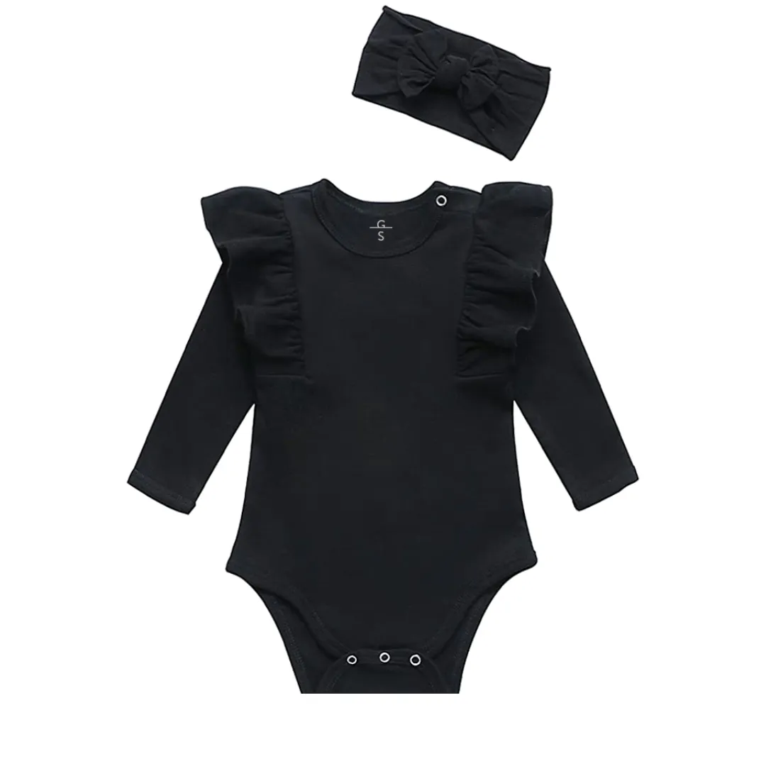 Ruffled Shoulder Long Sleeve Onesie with Matching Headband